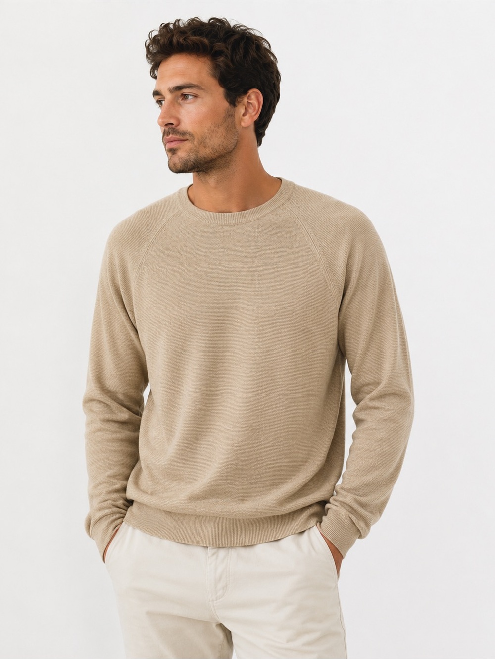 J.Crew Men’s Medium Beige 100% Cotton Textured Knit Sweater NWT Raglan Sleeve